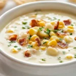 A creamy bowl of Smoky Sweetcorn Chowder with crispy bacon, parsley, and a cracker.