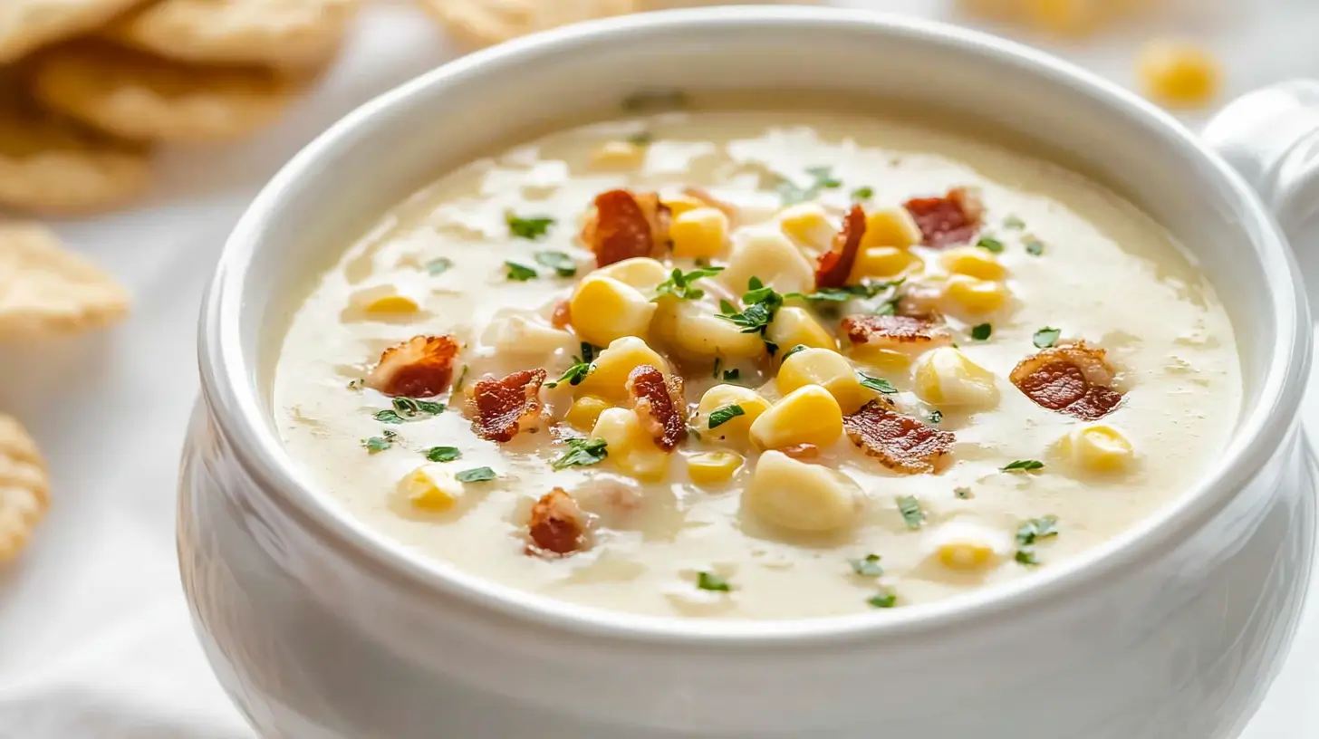 A creamy bowl of Smoky Sweetcorn Chowder with crispy bacon, parsley, and a cracker.