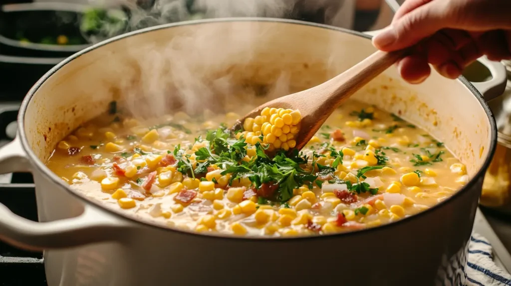 A pot of Smoky Sweetcorn Chowder steaming on the stove, garnished with fresh parsley and stirred with a wooden spoon.