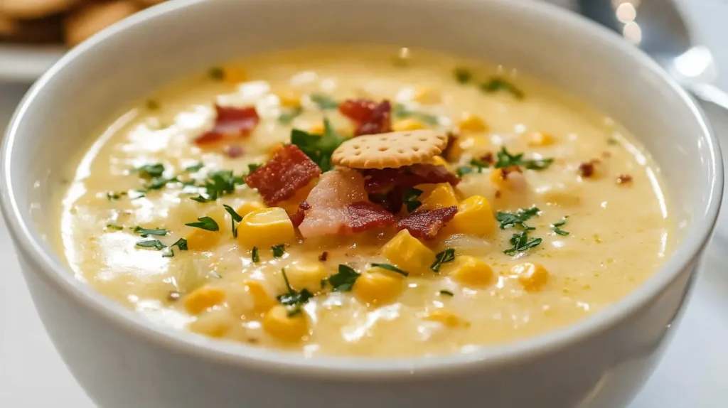 Smoky Sweetcorn Chowder served in a white bowl, garnished with bacon, parsley, and crackers.