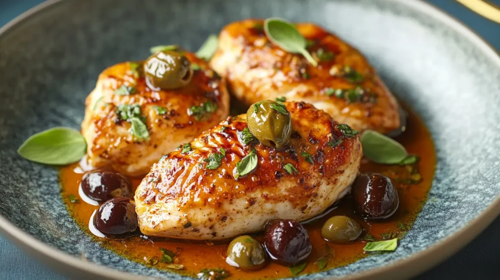 Golden-brown chicken breasts in a savory sauce, garnished with fresh herbs, green olives, and red berries, inspired by a classic 1980's chicken recipe.