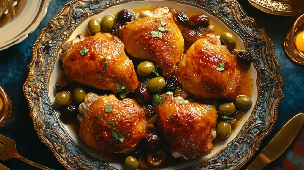 Golden roasted chicken thighs served on an ornate platter with green olives, dried fruit, and garnished with fresh parsley, inspired by a classic 1980's chicken recipe