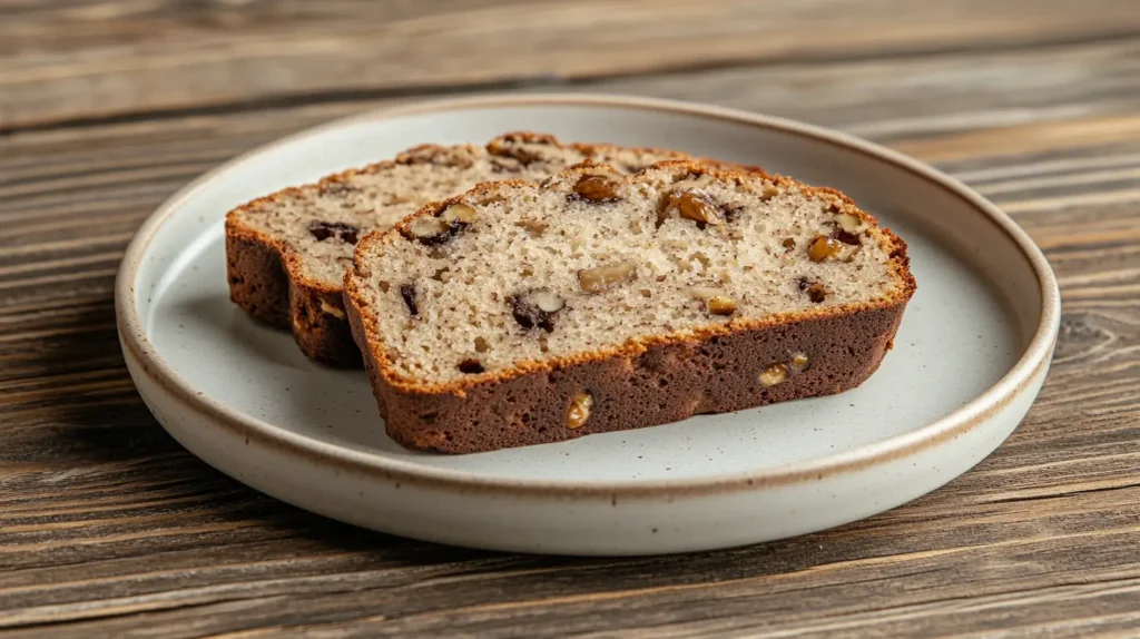 Two slices of 3 ingredient banana bread with walnuts served on a white plate.