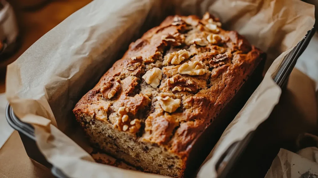 Freshly baked loaf of 3 ingredient banana bread with walnut toppings in a parchment-lined baking pan.