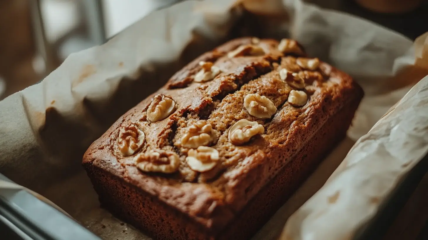 Freshly baked 3 ingredient banana bread topped with walnuts, resting in a parchment-lined loaf pan