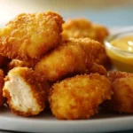 Crispy Air Fryer Chicken Bites with mustard dipping sauce on a white plate.