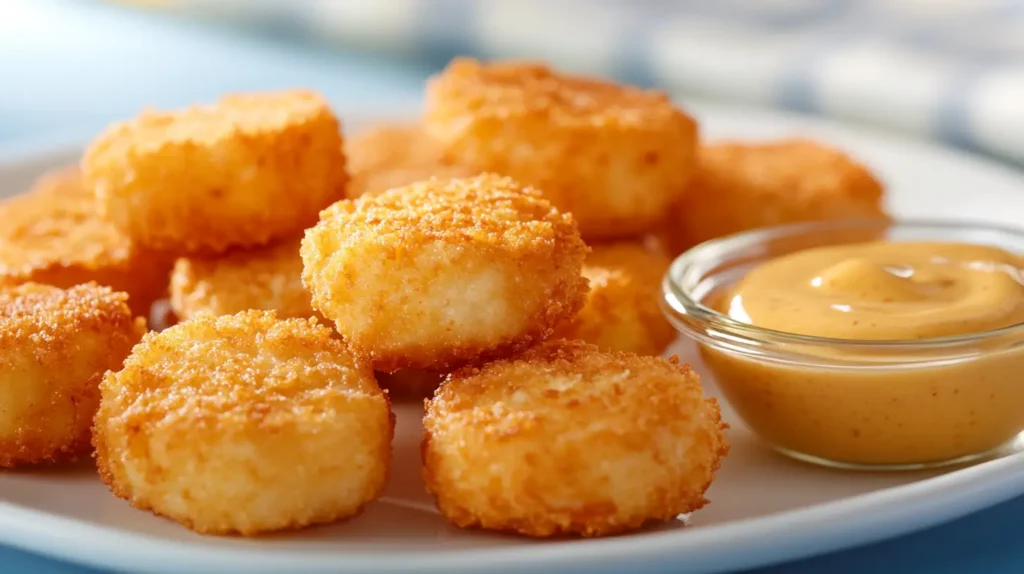 Crispy round Air Fryer Chicken Bites paired with a mustard dipping sauce on a white plate.