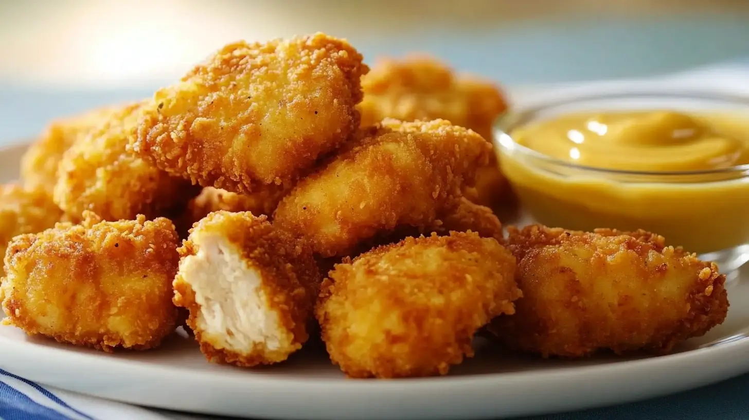 Crispy Air Fryer Chicken Bites with mustard dipping sauce on a white plate.