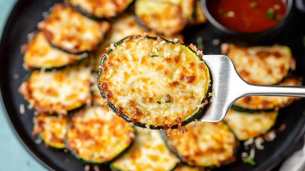 Close-up of a crispy and cheesy Air Fryer Zucchini Parmesan slice on a fork with more zucchini slices and marinara sauce in the background.