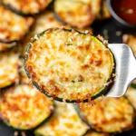 Close-up of a crispy and cheesy Air Fryer Zucchini Parmesan slice on a fork with more zucchini slices and marinara sauce in the background.