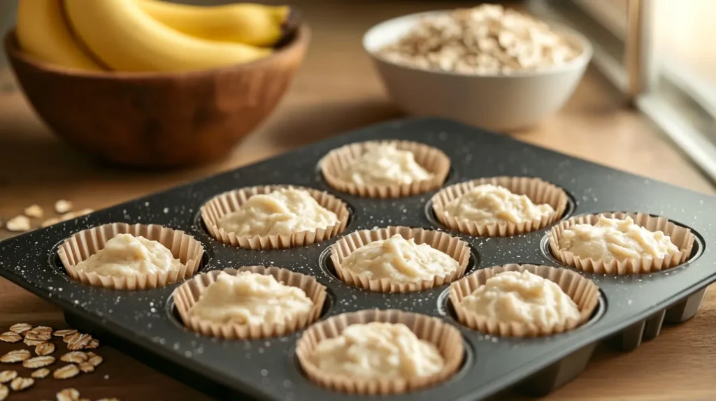 Unbaked sourdough banana muffin batter in a muffin tin, ready to go into the oven, with bananas and oats in the background.