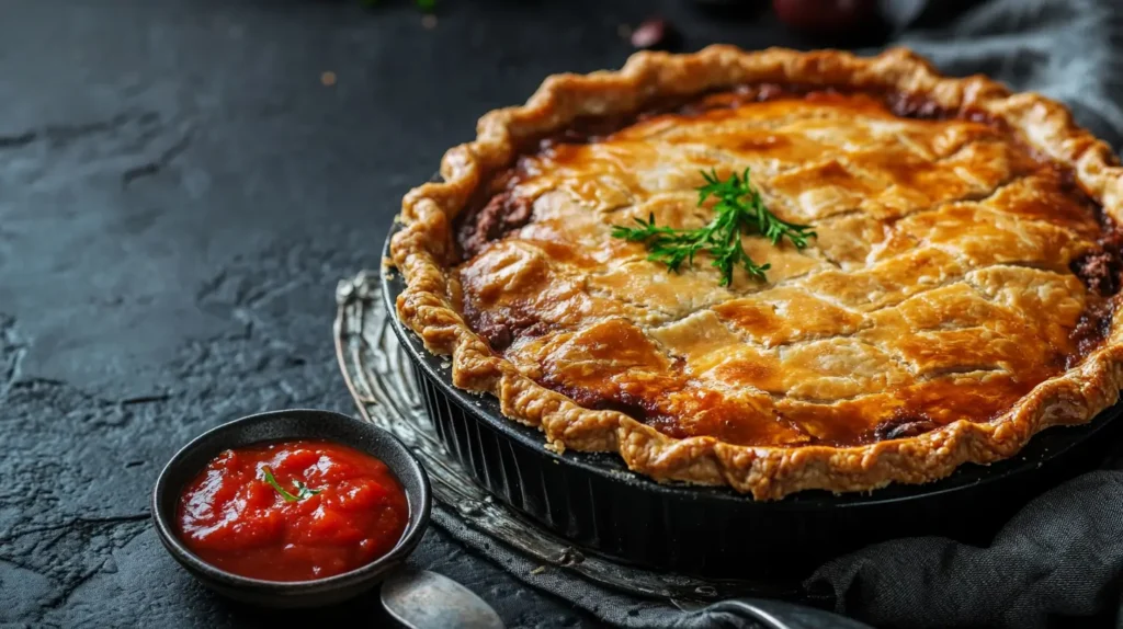 Golden brown beef family pie served with tomato sauce on a rustic dark background.