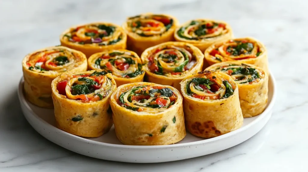 Plate of golden breakfast pizza rolls filled with vibrant spinach, red peppers, and cheese, arranged in a neat circle on a white ceramic dish.