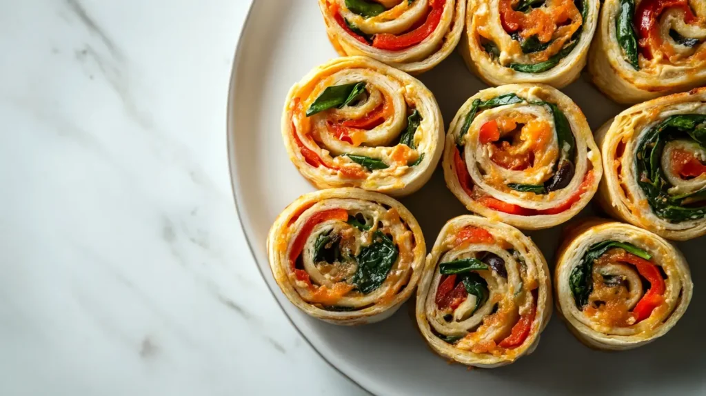 Close-up of colorful breakfast pizza rolls on a white plate, filled with cheese, spinach, red peppers, and other vegetables, showcasing a spiral design.