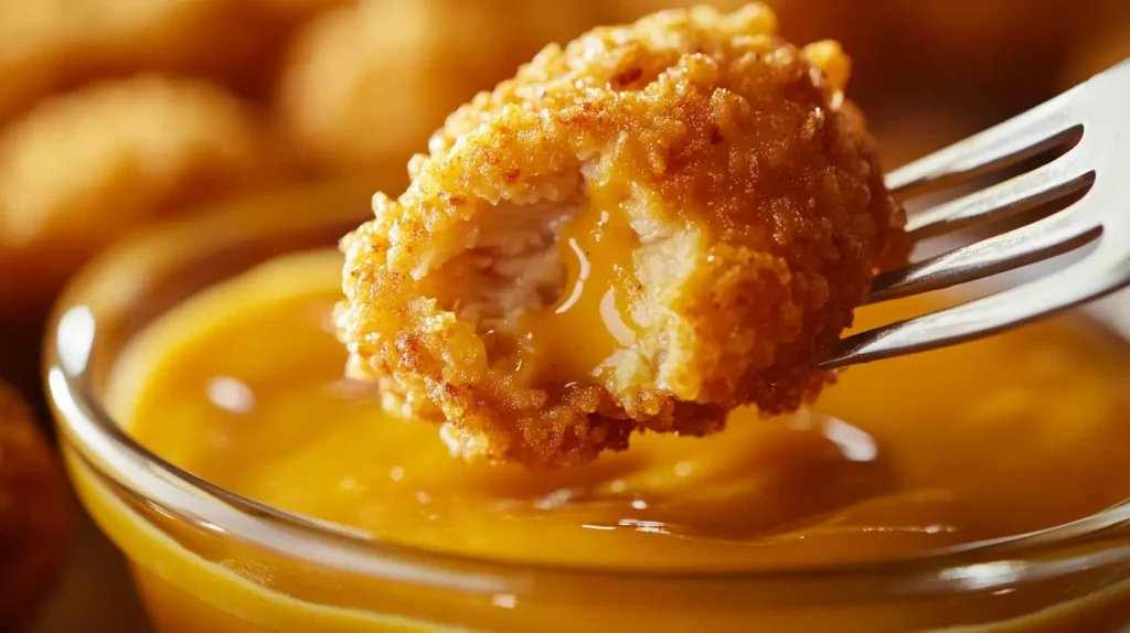 Close-up of a crispy chicken bite on a fork dipped into a bowl of creamy mustard sauce.