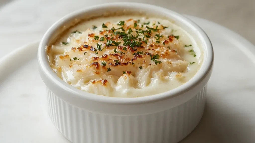 Golden-topped crab brulee served in a white ramekin with herb garnish.