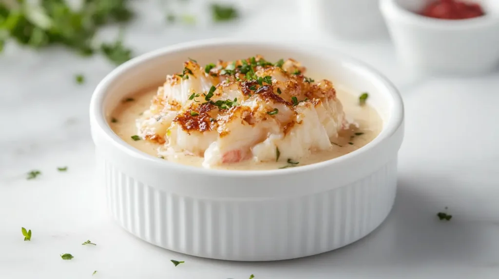 Crab brulee served in a white ramekin, garnished with fresh herbs