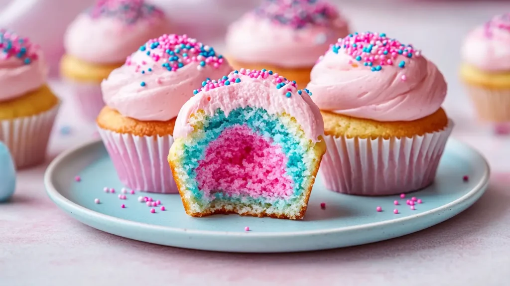 Gender reveal cupcakes with blue and pink layered filling, topped with pink frosting and colorful sprinkles.