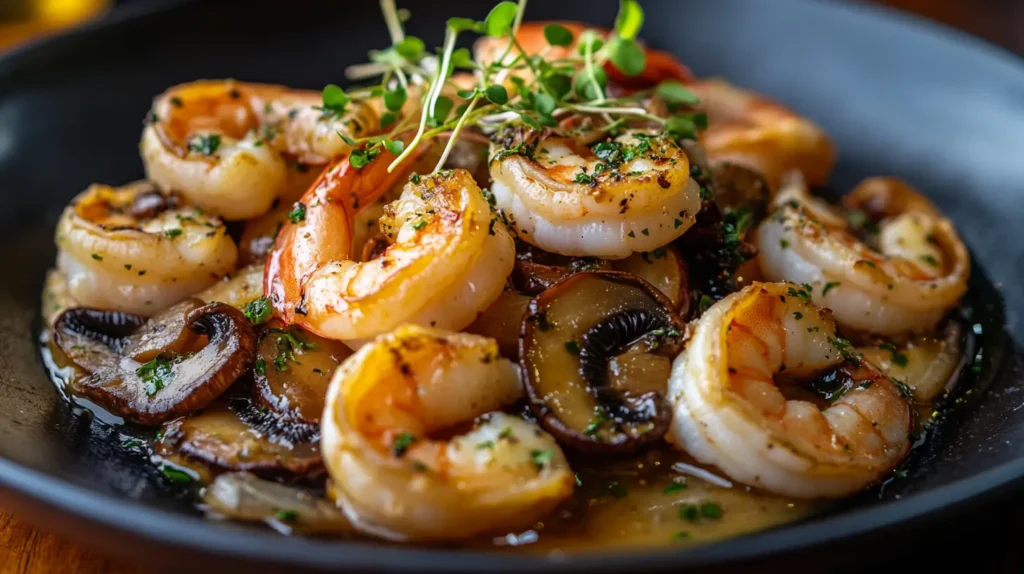 Juicy grilled shrimp served with sautéed seafood mushrooms garnished with fresh microgreens on a black plate.