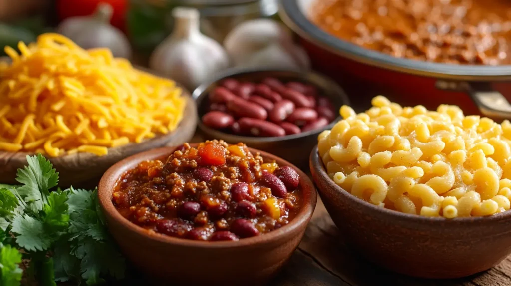 Prepared ingredients for chilli con carne with macaroni, including cooked macaroni, chili with beans, shredded cheddar cheese, and fresh cilantro.