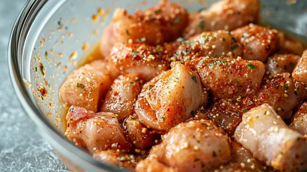 Raw chicken bites marinated with spices and herbs in a glass bowl, prepared for air frying.