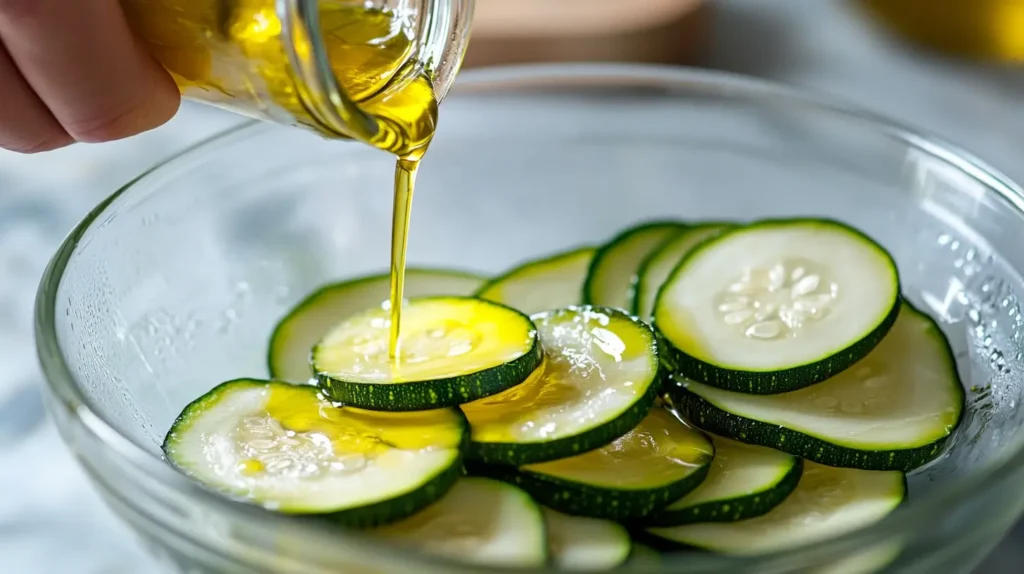 Close-up of zucchini slices in a bowl being marinated with olive oil, showing preparation steps for a delicious recipe.