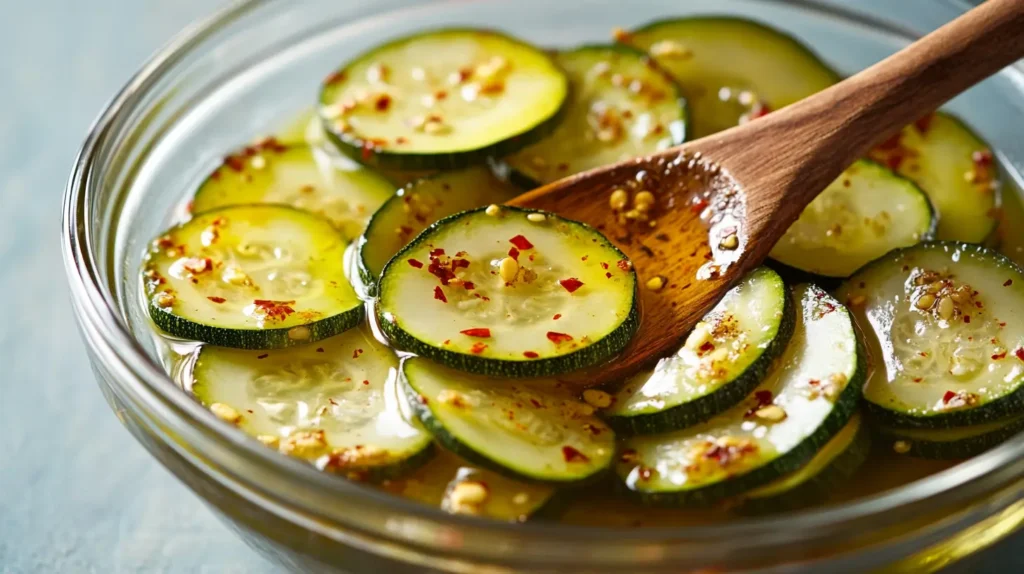 Close-up of zucchini slices in a bowl, marinated with olive oil, chili flakes, and seasonings, stirred with a wooden spoon.