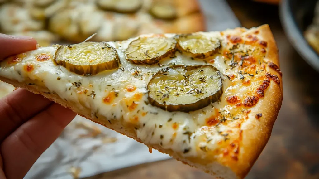 A close-up of a slice of pickle pie pizza with golden crust, melted cheese, and pickle slices, held in hand