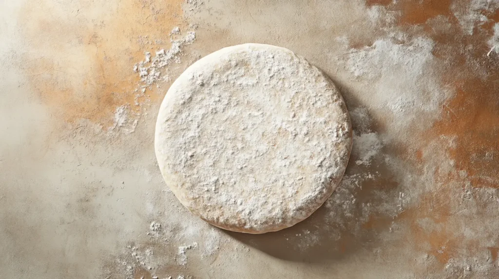 Flour-dusted pizza dough prepared on a rustic floured surface, ready for baking