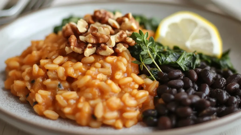 Close-up of creamy pumpkin risotto served with black beans, sautéed greens, walnuts, and a fresh lemon wedge on a plate