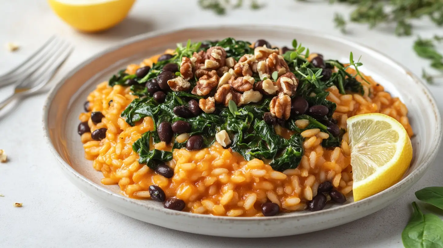 Plate of creamy pumpkin risotto topped with black beans, sautéed greens, walnuts, and a lemon wedge, garnished with fresh herbs.