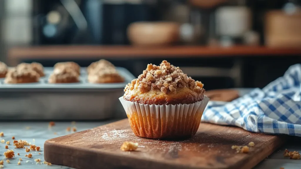 A freshly baked sourdough banana muffin with a crumbly streusel topping, sitting on a wooden board with additional muffins visible in the background.