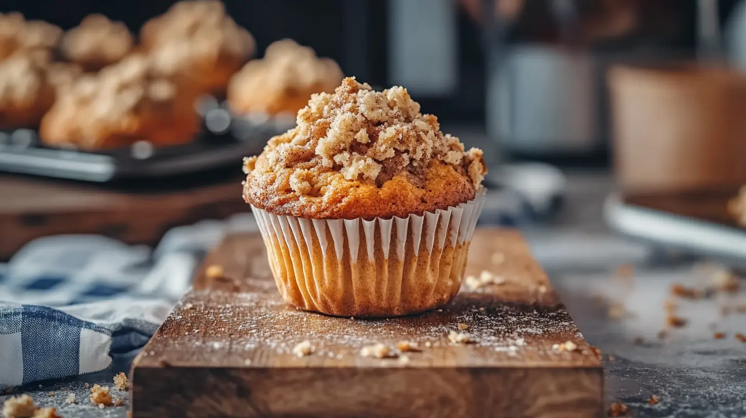 A close-up of a freshly baked sourdough banana muffin topped with a crumbly streusel, placed on a wooden board with blurred muffins in the background.