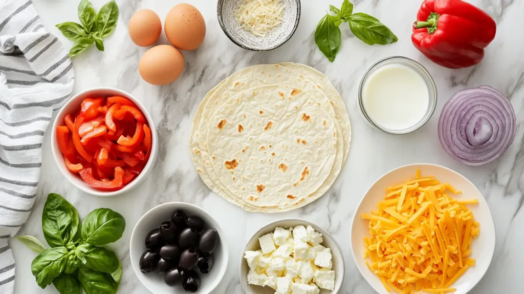 Ingredients for breakfast pizza rolls displayed on a marble surface, including tortillas, eggs, red bell peppers, cheese, milk, basil, black olives, feta, and onions.