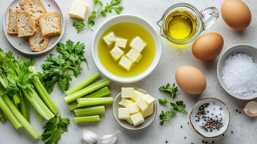 Ingredients for gluten free stuffing, including bread slices, celery, parsley, butter, eggs, olive oil, salt, and pepper arranged on a white surface.