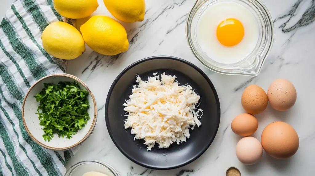 Ingredients for crab brulee, including fresh crab meat, eggs, parsley, lemons, and cream, arranged on a marble countertop.