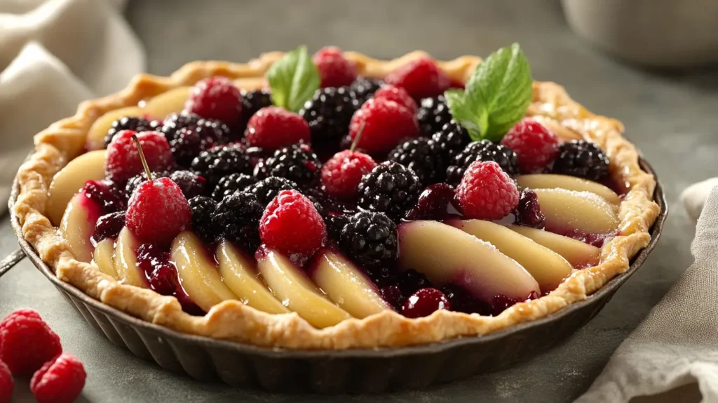 Sweet family pie topped with fresh raspberries, blackberries, and pear slices, garnished with mint leaves.