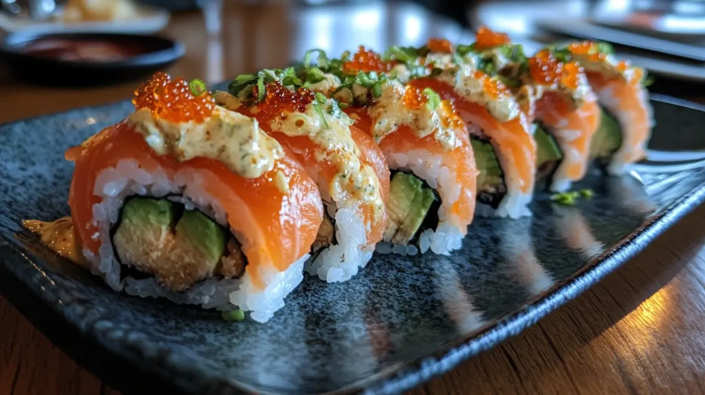 Close-up of a Tasty Salmon Avocado Roll on a dark plate, showcasing fresh salmon, avocado, sushi rice, and garnishes like roe, sauce, and chopped green onions.