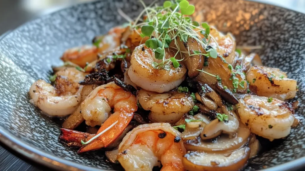 Grilled shrimp served with sautéed seafood mushrooms garnished with microgreens on a dark speckled plate.