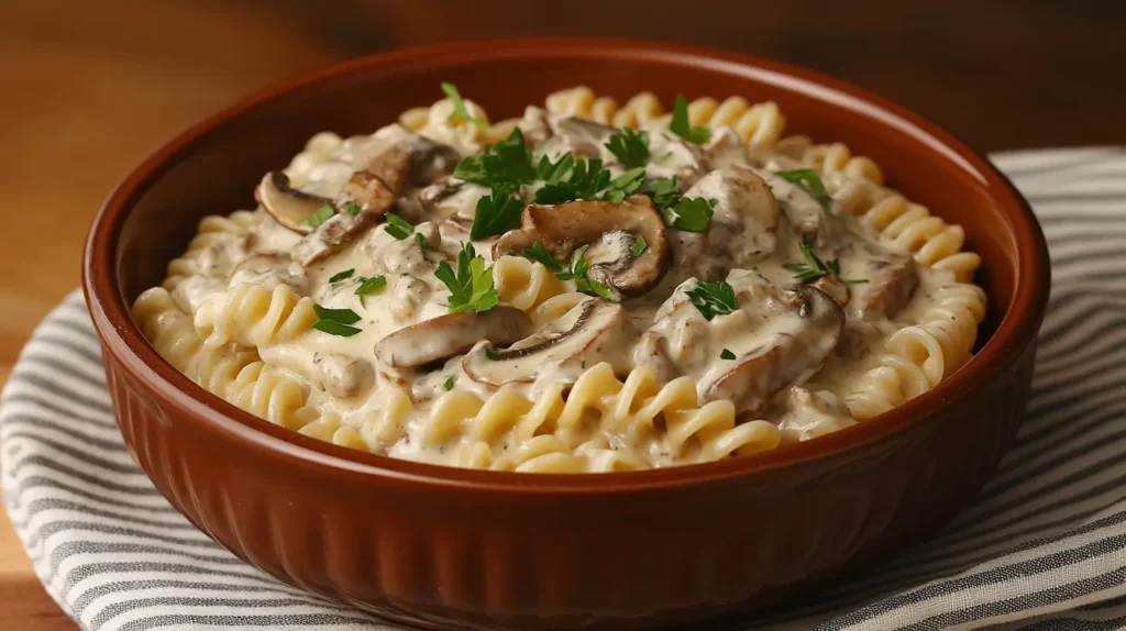 Creamy vegan mushroom pasta in a brown bowl garnished with fresh parsley on a striped cloth.