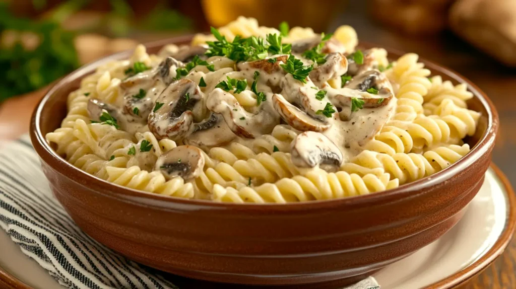 Creamy vegan mushroom pasta served in a brown bowl, garnished with fresh parsley.