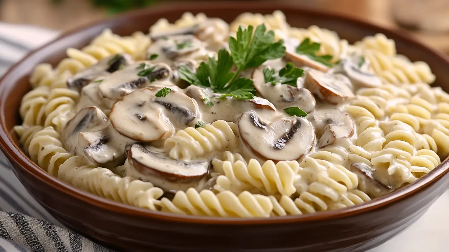 Creamy vegan mushroom pasta served in a bowl garnished with parsley.