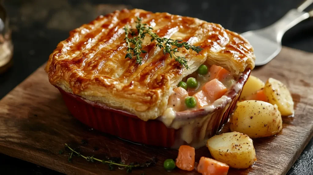 Vegetarian family pie with a golden lattice crust served with roasted potatoes on a wooden board.