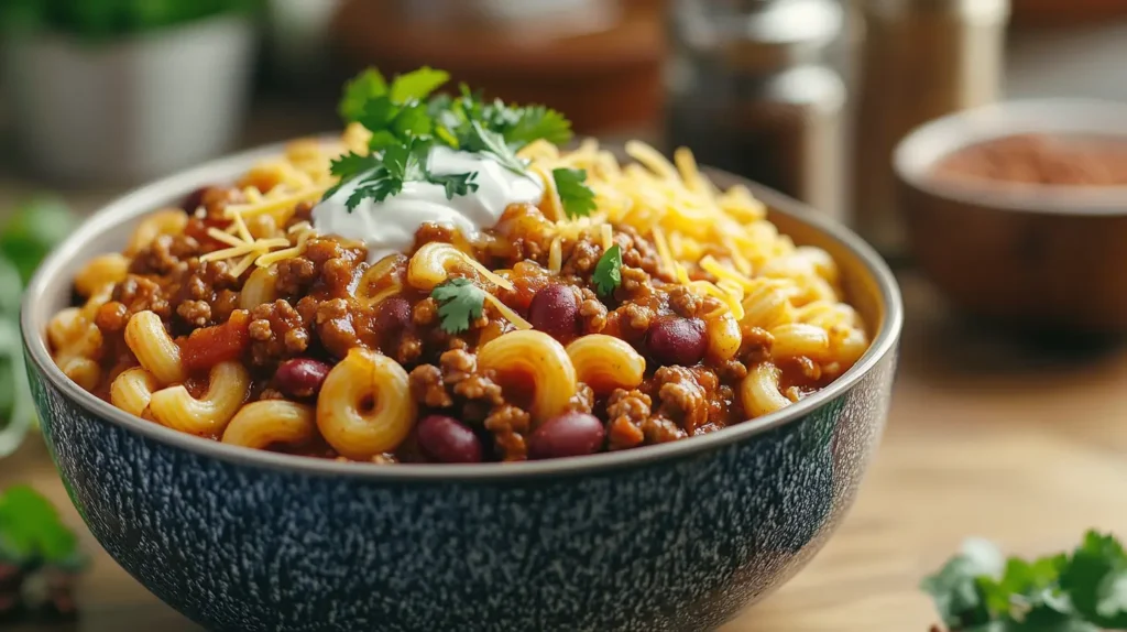 A bowl of chilli con carne with macaroni, topped with shredded cheese, sour cream, and fresh cilantro, served in a textured blue bowl.