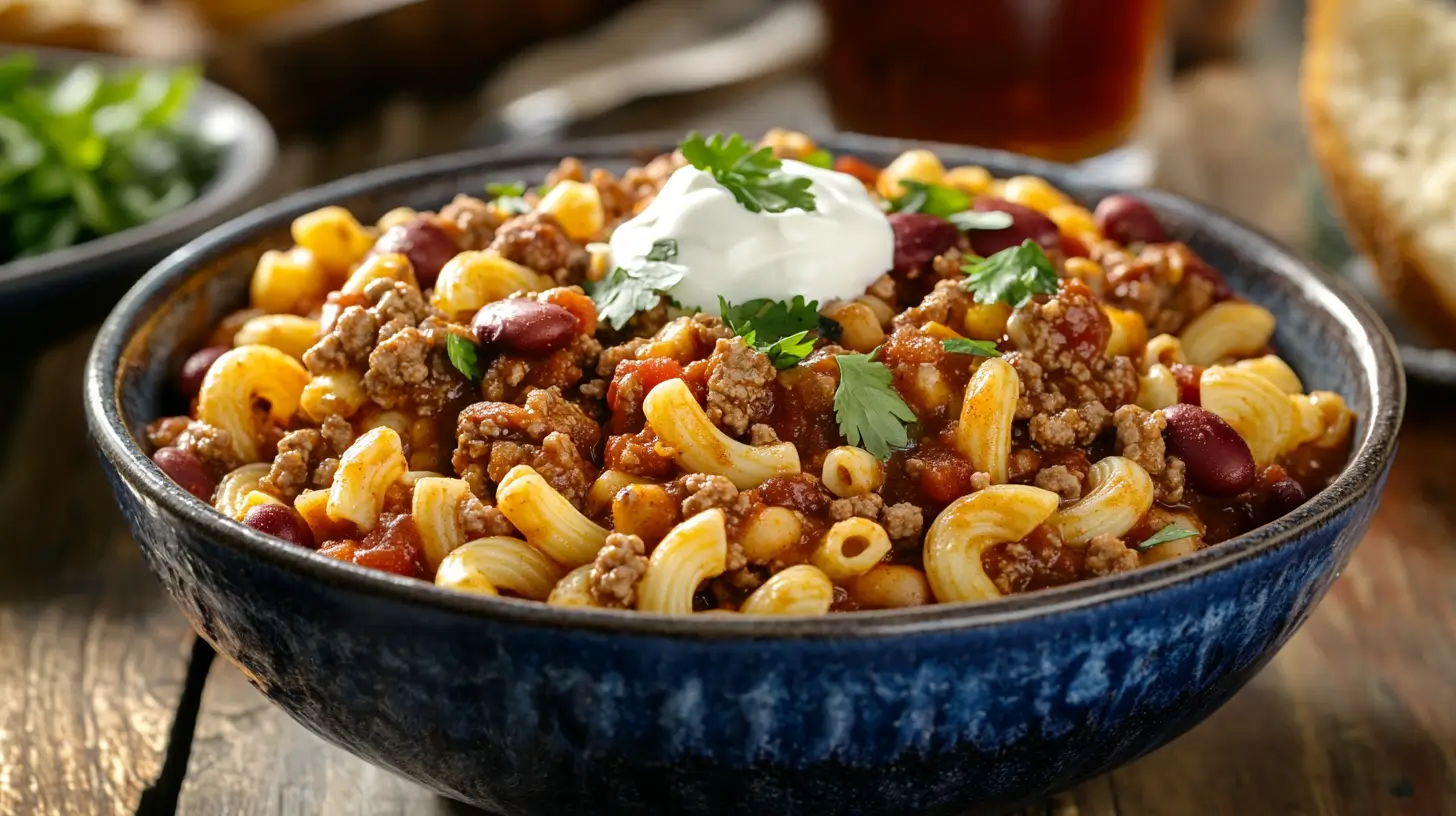 A bowl of chilli con carne with macaroni topped with sour cream and fresh cilantro, served in a rustic blue dish.