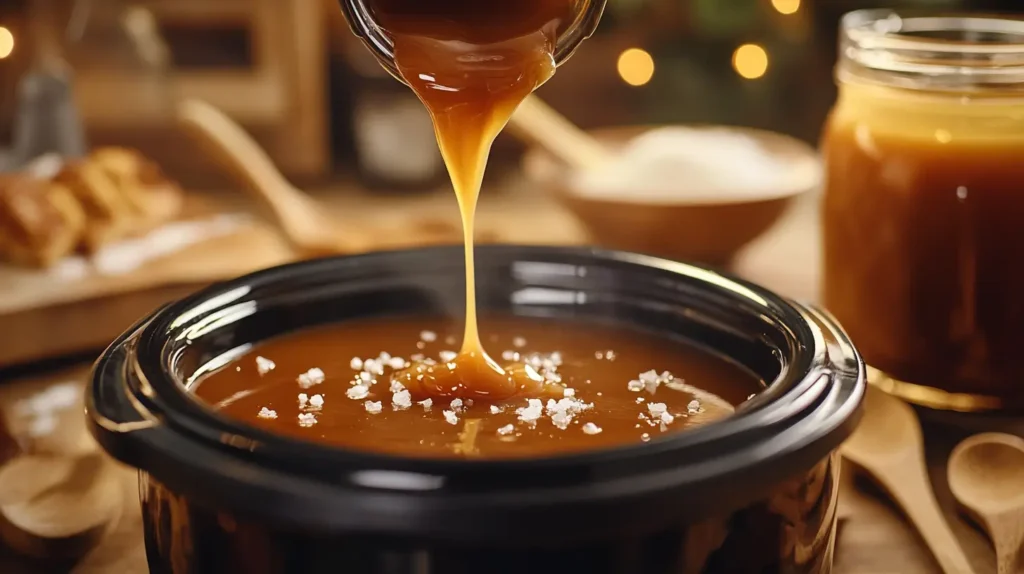 A close-up of creamy crockpot caramel being poured into a slow cooker, garnished with sea salt, with jars and wooden utensils in the background.