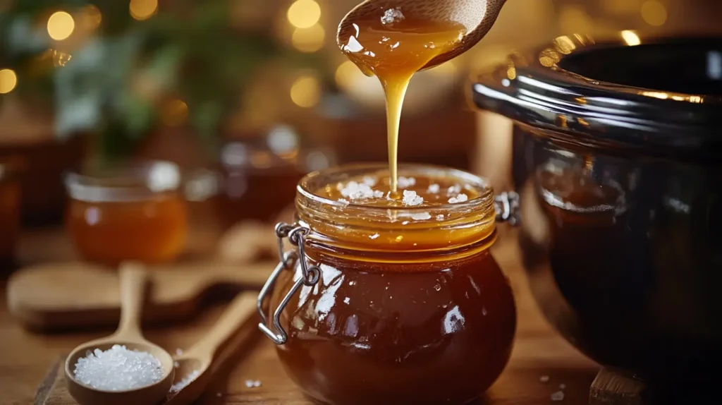 A jar of crockpot caramel being drizzled with caramel from a wooden spoon, garnished with sea salt, with a crockpot and festive background.