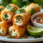 Crispy egg rolls filled with goat cheese and jalapeños on a white plate, garnished with cilantro, and served with red dipping sauce and lime wedges.