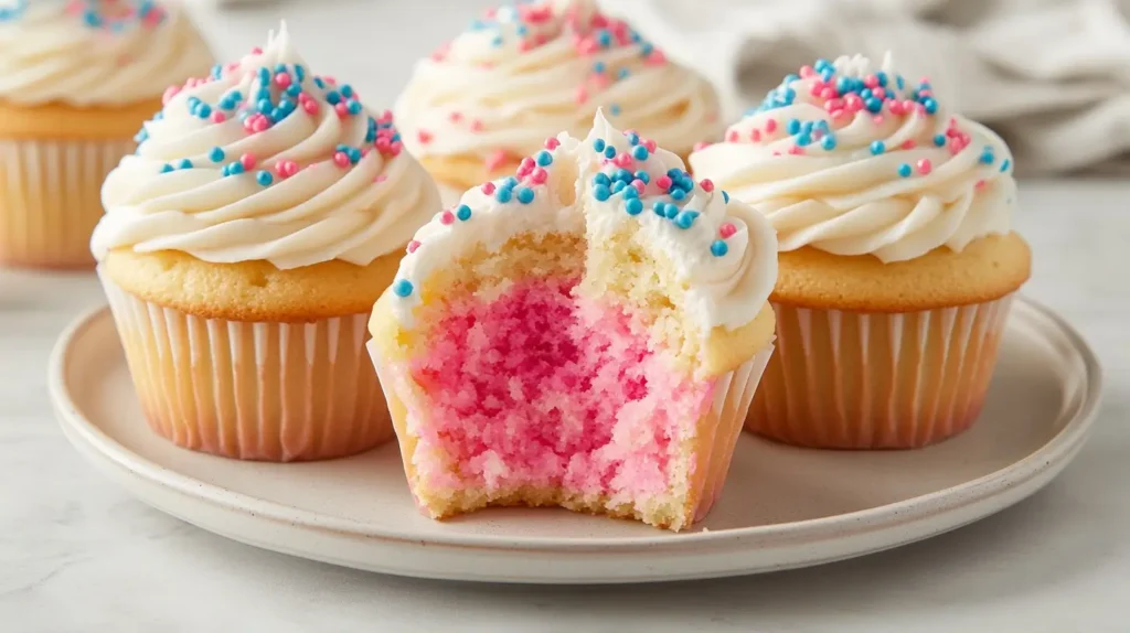 Gender reveal cupcakes with pink filling and white frosting, topped with blue and pink sprinkles