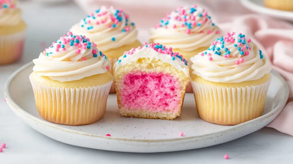 Vanilla gender reveal cupcakes with white frosting and colorful pink and blue sprinkles, featuring a pink surprise filling